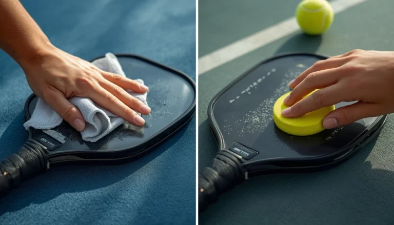 Hand cleaning a pickleball paddle with a microfiber cloth and paddle eraser on an outdoor court, showing proper care.
