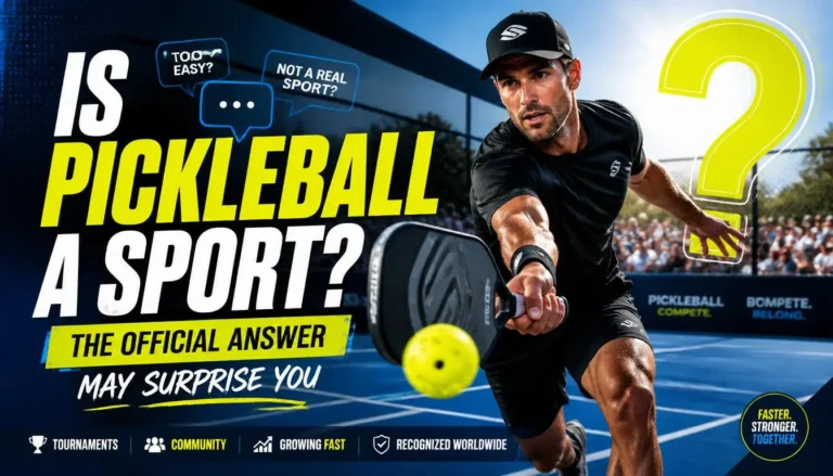 Professional pickleball player lunges for a shot on court beside bold text asking, "Is Pickleball a Sport?" question.