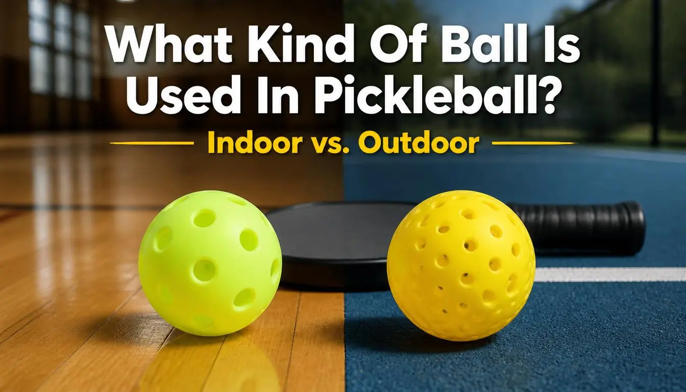 What kind of ball is used in pickleball? Indoor vs. outdoor pickleball balls with a paddle on split court surfaces.
