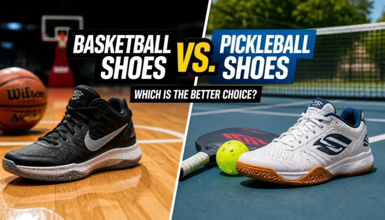 Basketball shoes and pickleball shoes side by side on courts, comparing support, grip, comfort, and performance.