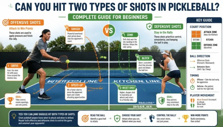 Beginner pickleball guide comparing offensive shots (drive, smash, speed-up) and defensive shots (dink, block, reset).
