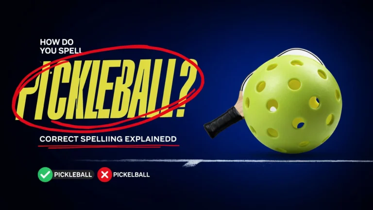 Pickleball spelling graphic showing the correct word “pickleball,” with a pickleball and paddle on court for new players now.