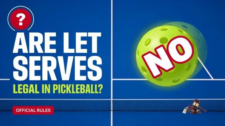 Pickleball graphic asking if let serves are legal, featuring a yellow ball marked “NO,” official rules text, and a court background.