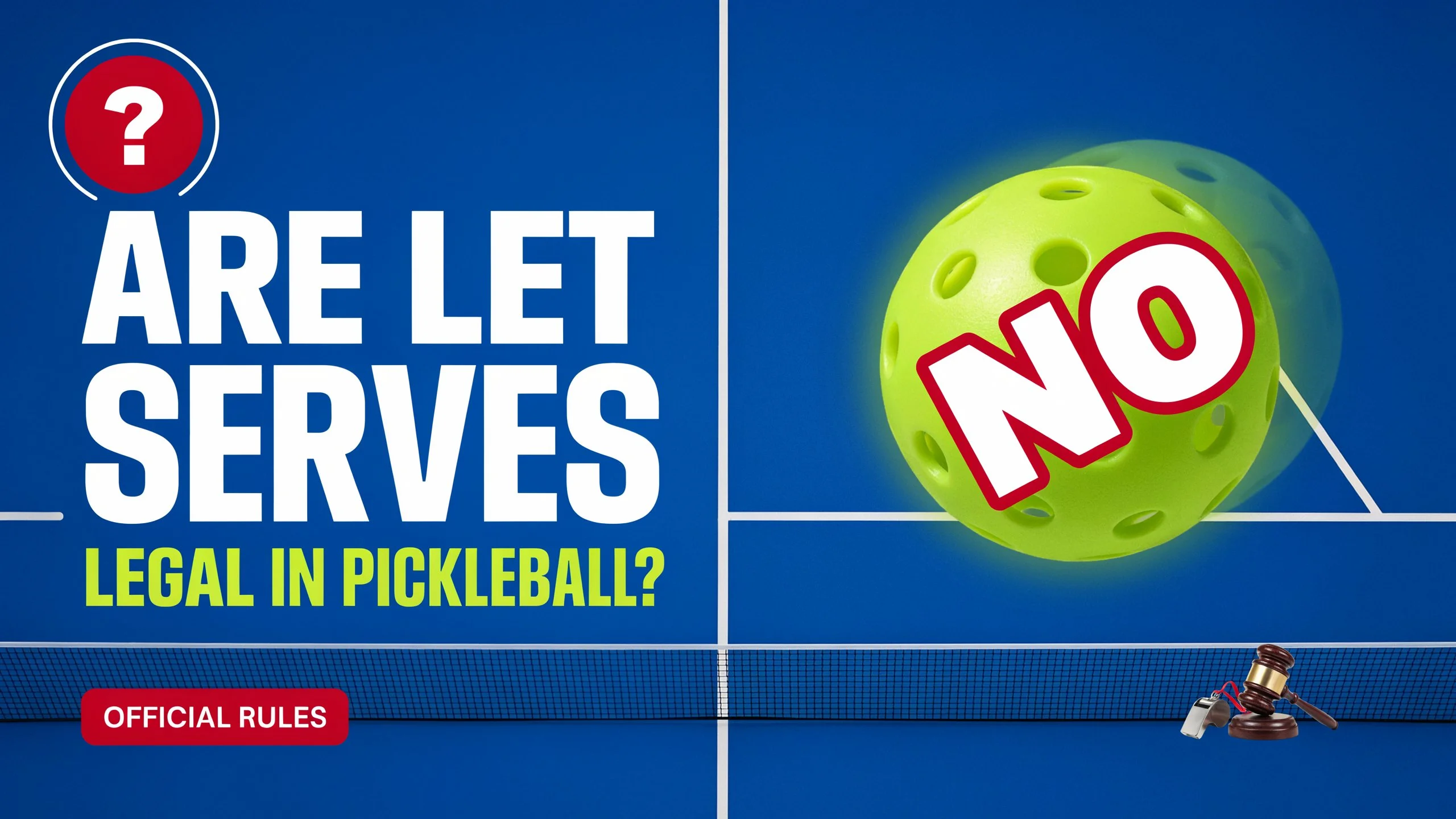 Pickleball graphic asking if let serves are legal, featuring a yellow ball marked “NO,” official rules text, and a court background.