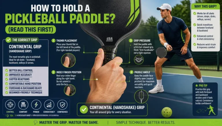 **Alt Text (125 characters):** Pickleball player demonstrating the Continental grip with hand placement, grip pressure, and paddle control tips.