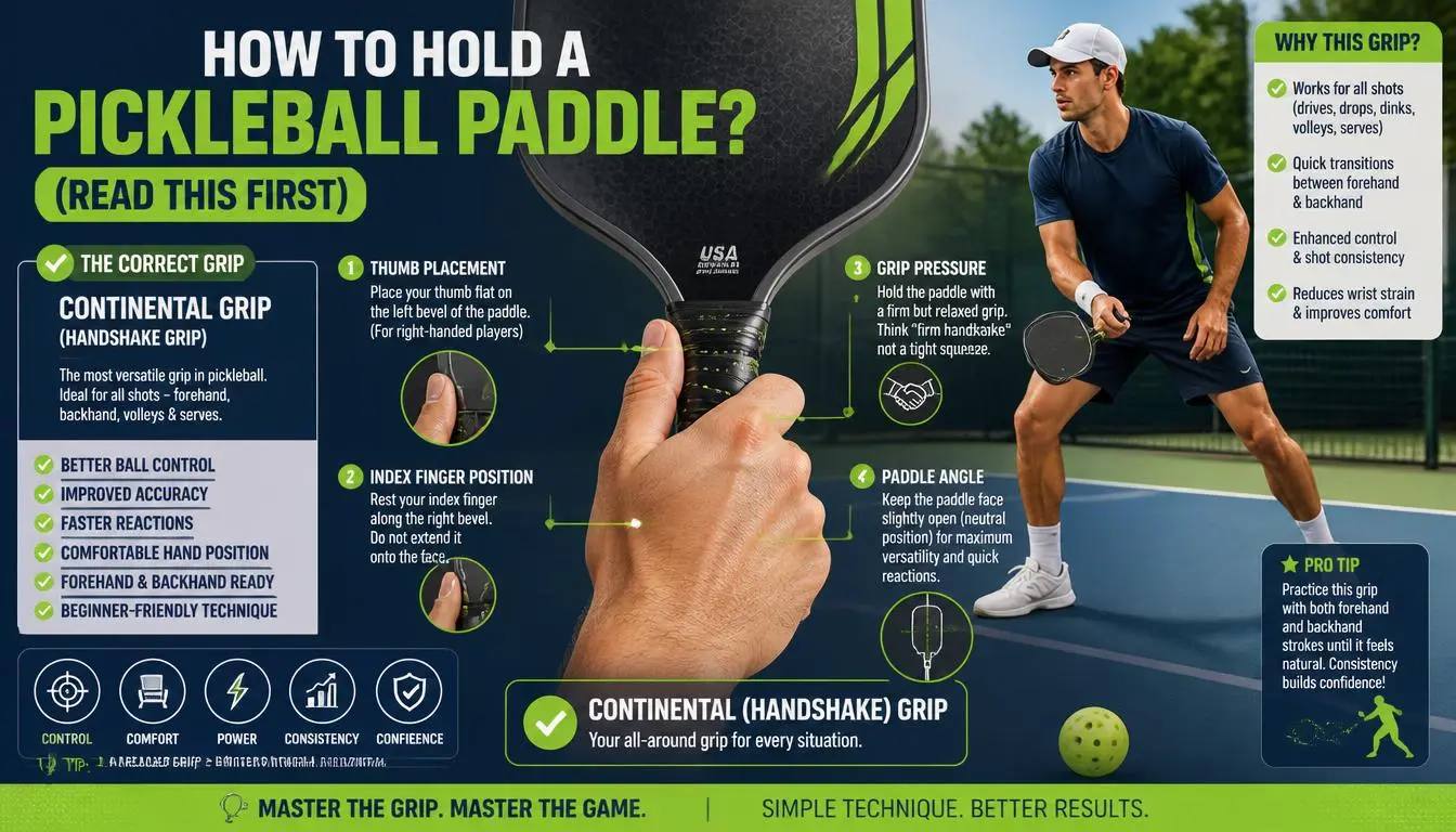 **Alt Text (125 characters):** Pickleball player demonstrating the Continental grip with hand placement, grip pressure, and paddle control tips.