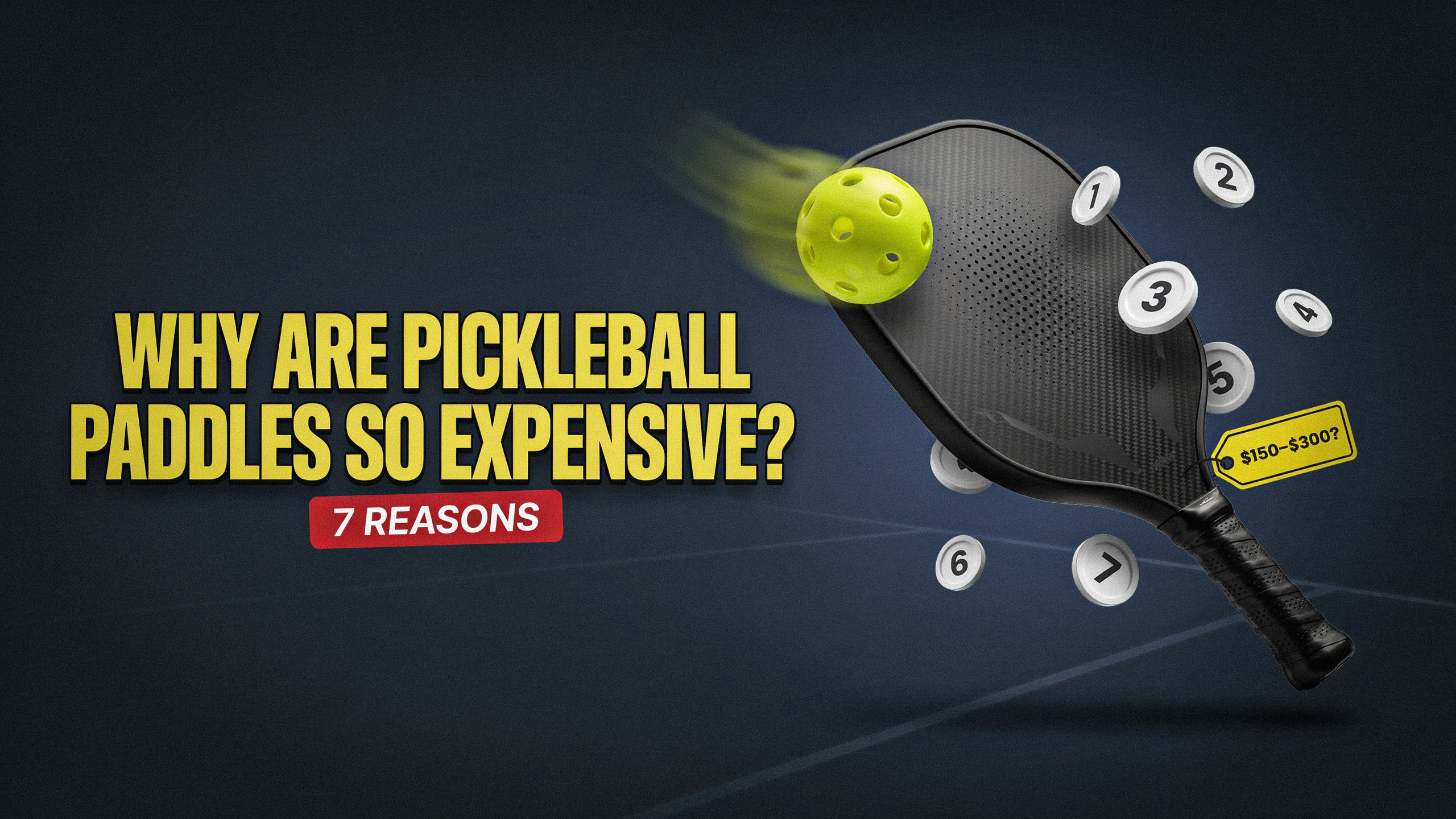 Pickleball paddle with a yellow ball and price tag, illustrating seven reasons why pickleball paddles are so expensive today.