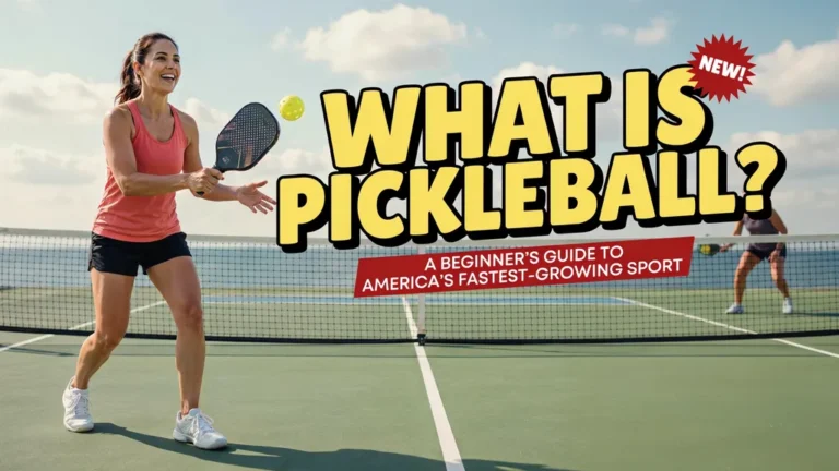 "What is Pickleball? Beginner playing pickleball on an outdoor court, guide to the fastest-growing sport.