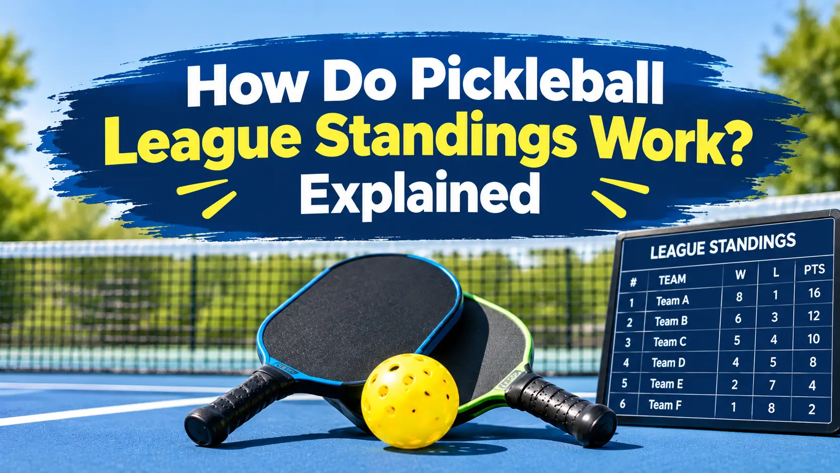 Pickleball paddles and ball on a court with a league standings board showing team rankings and points.