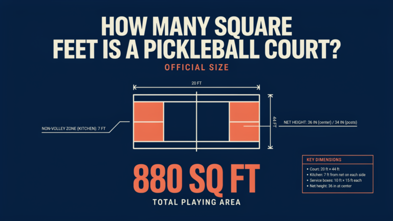 Pickleball court size diagram showing official 20 x 44 ft dimensions, kitchen, service boxes, net height, and 880 sq ft area.