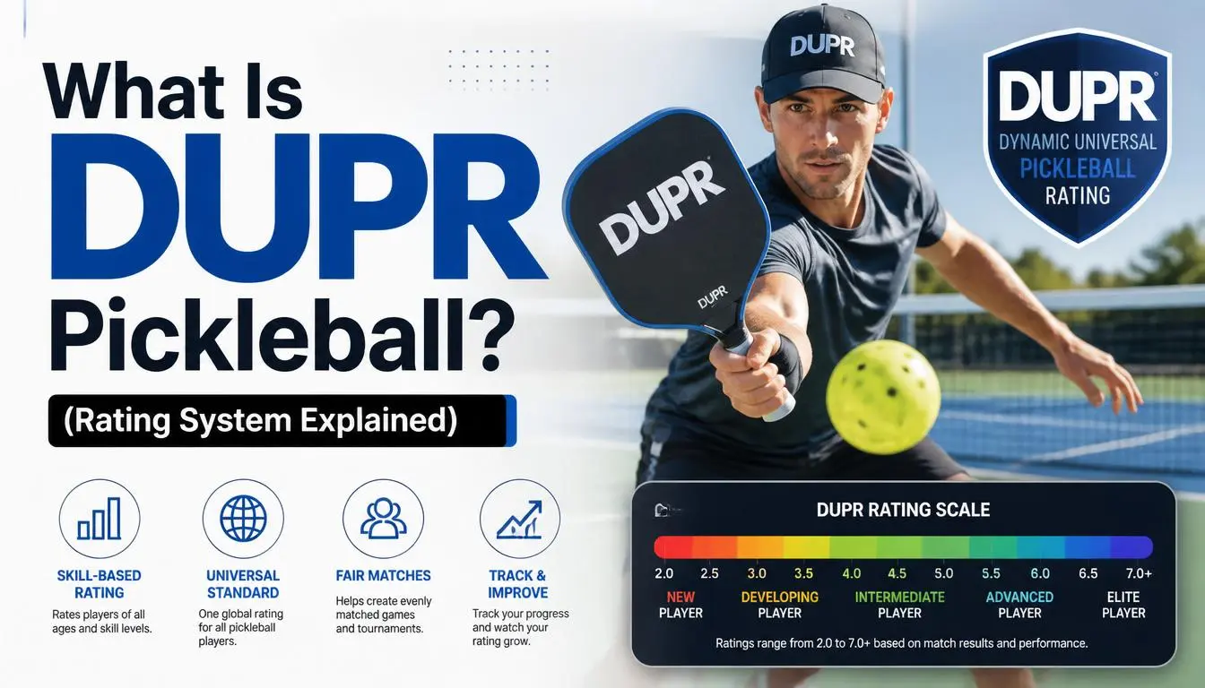 What is DUPR pickleball? Illustration showing the DUPR rating system, skill scale, paddle, and player on a pickleball court.