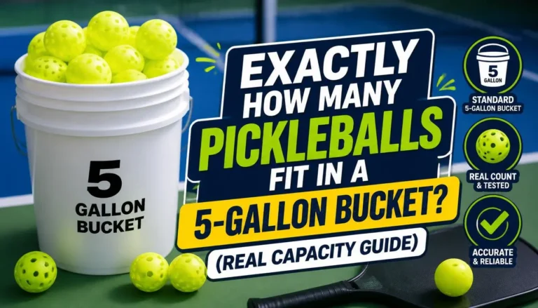 Exactly how many pickleballs fit in a 5-gallon bucket? White bucket filled with pickleballs on a pickleball court guide.