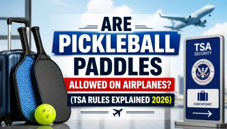 Pickleball paddle and ball packed in travel bag with airport plane and TSA approval sign in background, 2026 rule