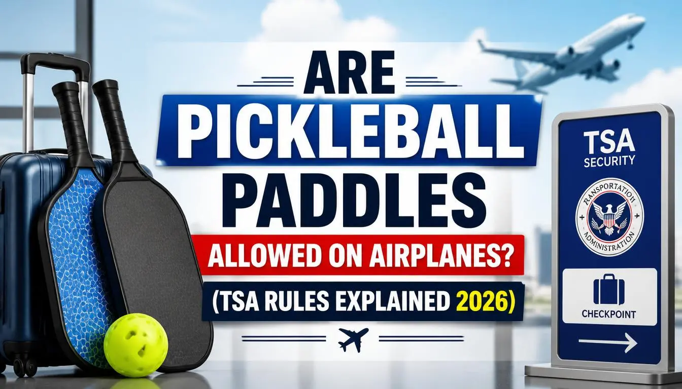 Pickleball paddle and ball packed in travel bag with airport plane and TSA approval sign in background, 2026 rule
