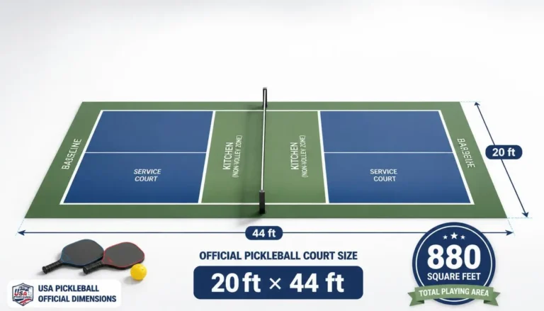 Official pickleball court size showing 20 ft x 44 ft dimensions, 880 square feet, net, kitchen, and service courts.