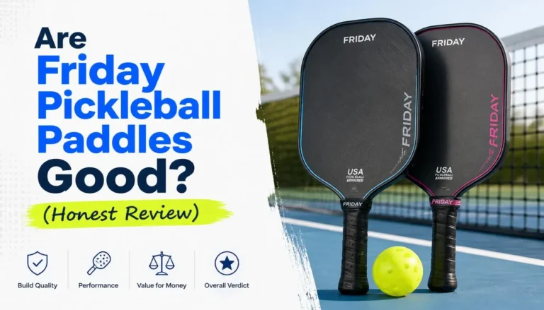 Two Friday pickleball paddles on a court next to a yellow ball honest review covering build quality and performance