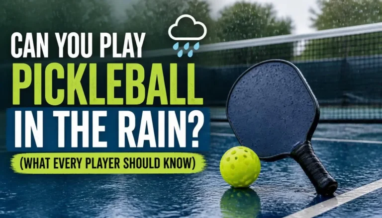 Pickleball paddle and ball resting on a wet outdoor court in the rain, with text asking: Can you play pickleball in the rain?