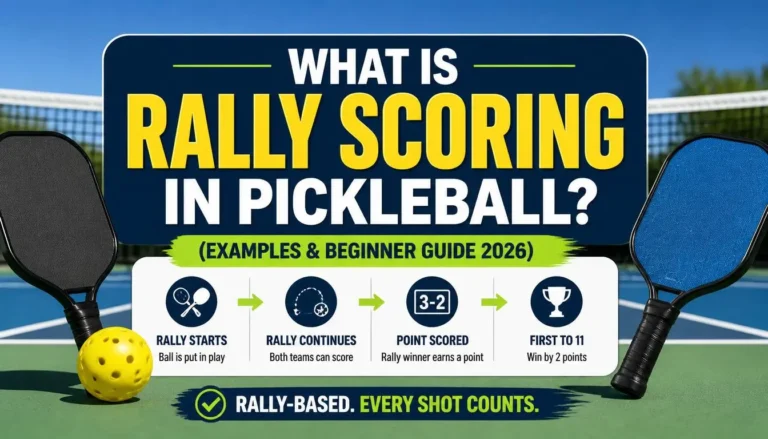 What is rally scoring in pickleball infographic showing how every rally earns a point with simple rules and beginner example
