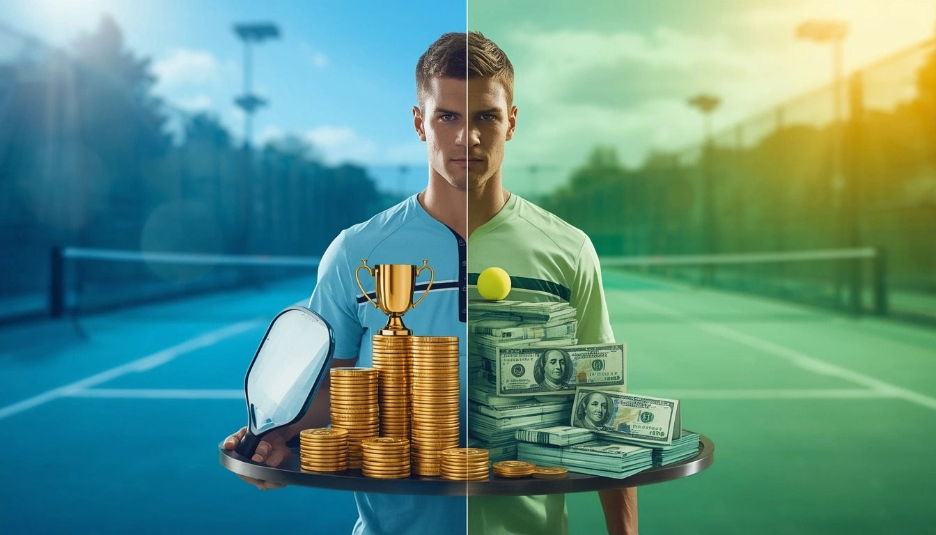 Professional pickleball player with paddle, trophy, gold coins, and cash illustrating salary, prize money, and earnings.