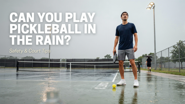 Man playing pickleball on a wet outdoor court in the rain, holding a paddle beside a yellow ball, with safety tips text shown.