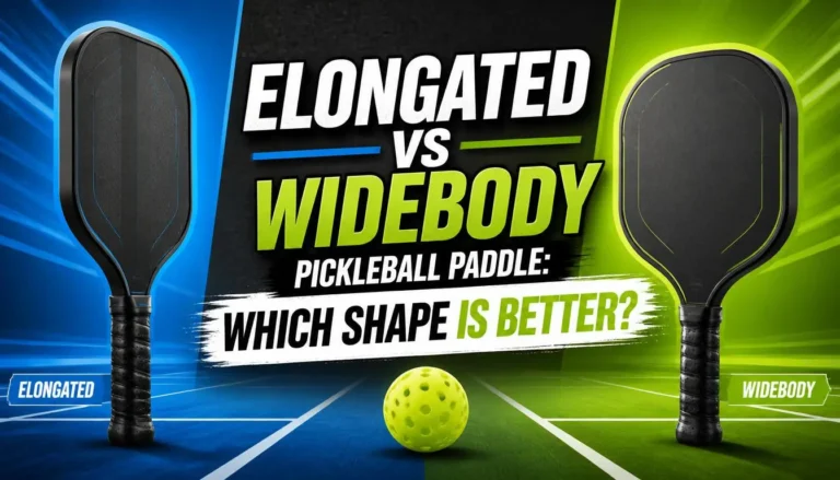 Elongated vs widebody pickleball paddles compared side by side on a court, showing their shapes, designs, and key differences.