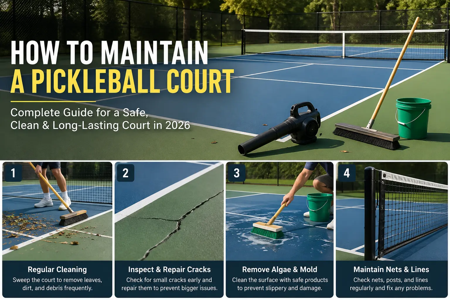 Pickleball court maintenance guide showing cleaning, crack repair, algae removal, and net and line care for a safe court.
