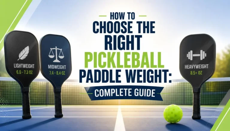 How to choose the right pickleball paddle weight, showing lightweight, midweight, and heavyweight paddle options on a court.