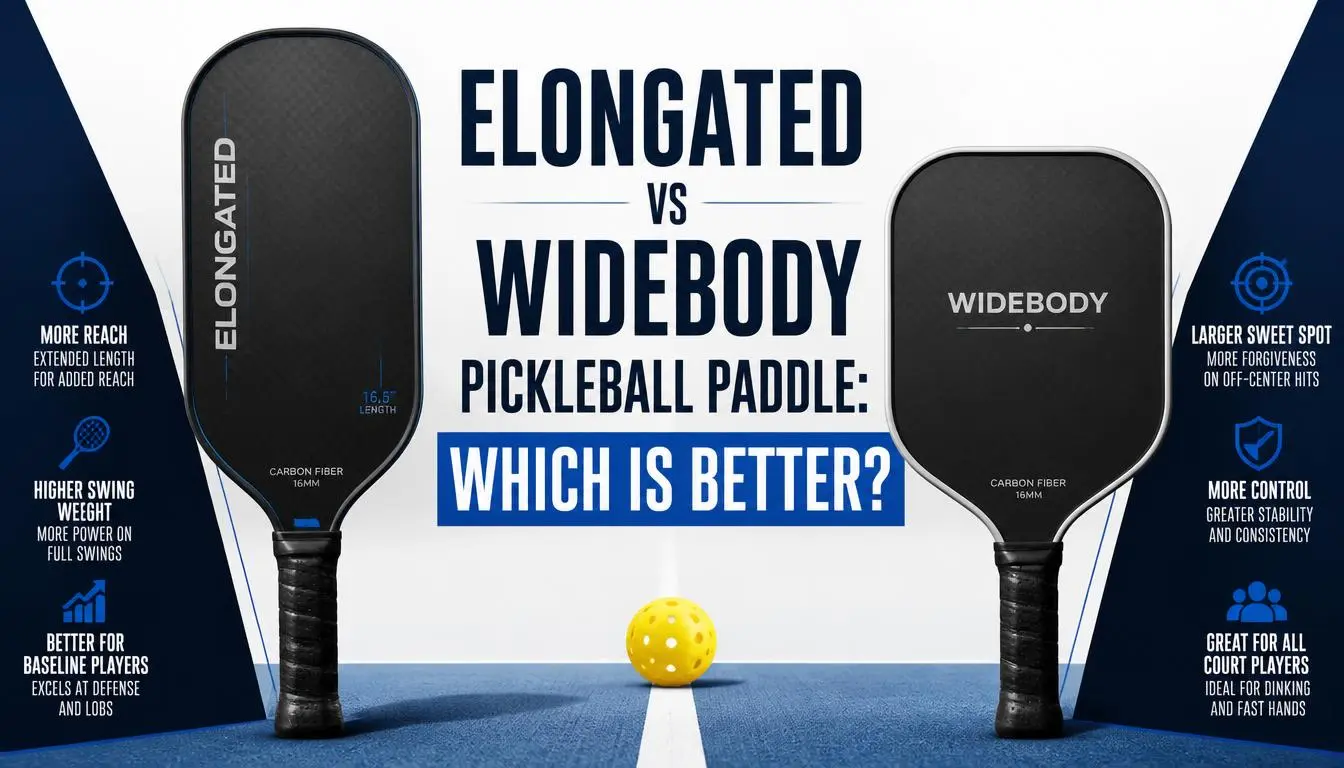 Elongated vs widebody pickleball paddles compared for reach, sweet spot, control, power, and maneuverability.