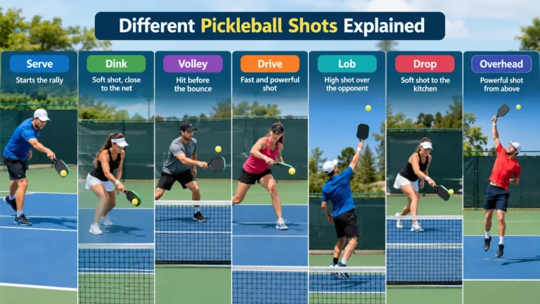 A landscape pickleball court showing a player performing different shots, with subtle labels such as Serve, Dink, Volley, Drive, Lob, Drop, and Overhead.