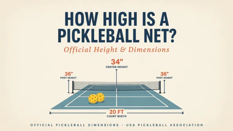 Official pickleball net height and court dimensions showing 34-inch center and 36-inch posts.