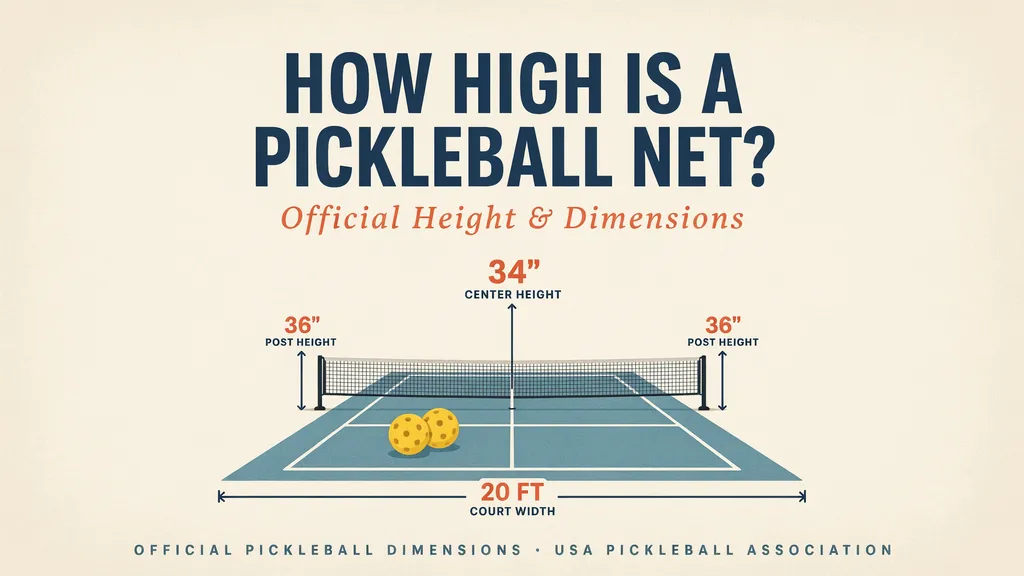 Official pickleball net height and court dimensions showing 34-inch center and 36-inch posts.